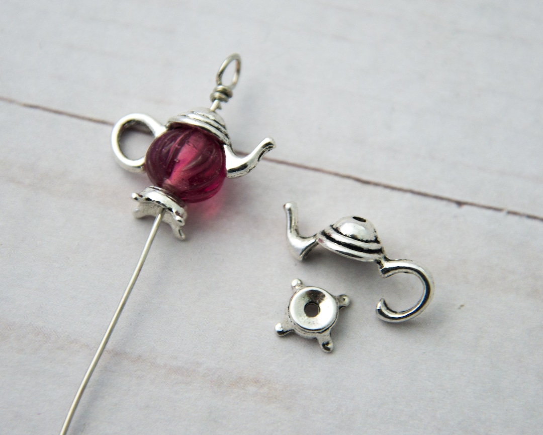 Antique Silver Teapot 3D Bead Caps Tea Party DIY Charms Alice in