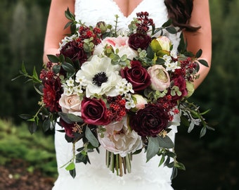 B9 Faux Silk Boho White Ivory Blush Burgundy Dark Deep Red Flower Greenery Wedding Bridal Bouquet Rustic Farmhouse Anemones  Berries