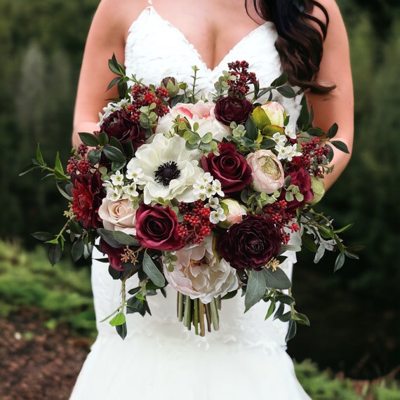 B9 Faux Silk Boho White Ivory Blush Burgundy Dark Deep Red Flower Greenery Wedding  Bridal Bouquet Rustic Farmhouse Anemones Berries - Etsy