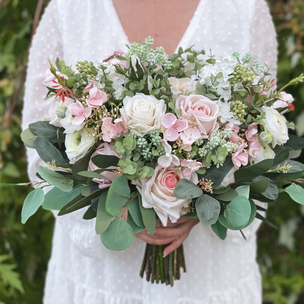 B42 Faux Boho Rustic Farmhouse Ivory Cream Blush Pink Beige Rose Peony Lilac Ranunculus Flower Greenery Wedding Bridal Bouquet Sage Berries