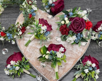Faux Corsages Boutonnière Silk White Dusty Blue Ivory Navy Burgundy Red Maroon Buttonhole Flower Greenery Berries Wedding Baby’s Breath