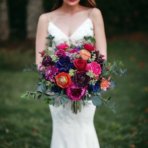 B55 Wedding Flower Bridal Bouquet Faux Boho Dusty Pink Blue Purple Magenta Jewel Tone Plum Fuchsia Peony Navy Orange Red Colorful Cascading