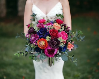 B55 Wedding Flower Bridal Bouquet Faux Boho Dusty Pink Blue Purple Magenta Jewel Tone Plum Fuchsia Peony Navy Orange Red Colorful Cascading