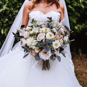 B53 Wedding Flower Bridal Bouquet Faux Silk Boho Dusty Blush Pink White Ivory Peony Taupe Dahlia Astilbe Blue Thistle Rose Elopement