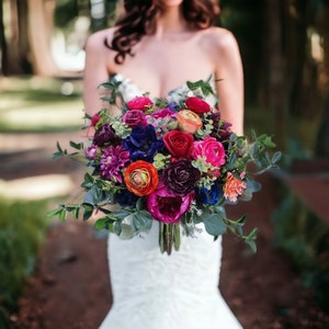 B55 Wedding Flower Bridal Bouquet Faux Boho Dusty Pink Blue Purple Magenta Jewel Tone Plum Fuchsia Peony Navy Orange Red Colorful Cascading