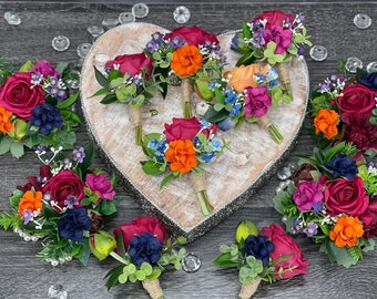 Sage Dark Burgundy Eucalyptus Blue Thistle Berries Flower Greenery Wedding Boutonniere Jewel Tone Dusty Corsage Baby’s Breath