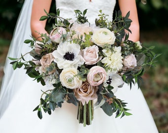 B220 Faux Boho Bridal Bouquet Wedding White Beige Dusty Blush Pink Ivory Flower Greenery Rustic Farmhouse Muted Neutral Peony Taupe Anemones