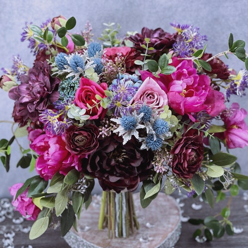B55 Wedding Flower Bridal Bouquet Faux Boho Dusty Blue Purple - Etsy