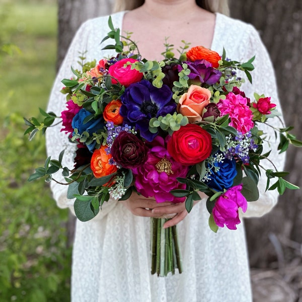 B57 Wedding Flower Bridal Bouquet Faux Boho Dusty Blue Purple Magenta Navy Jewel Tone Fuchsia Pink Peony Burgundy Cascading Silk Artificial