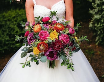 B208 Wedding Flower Bridal Bouquet Faux Boho Fuchsia Magenta Pink Maroon Burgundy Red Orange Yellow Summer Colorful Elopement Cascading