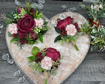 C9 Dark Burgundy Eucalyptus Blue Flower Greenery Wedding Boutonniere Jewel Tone Dusty Corsage Blush Crown Head Pink Berries Plum Maroon
