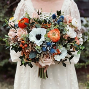 B71 Faux Wedding Flower Bridal Bouquet Silk Boho Rust Burnt Orange Taupe Terra Cotta Greenery Dusty Blue Thistle Berries Anemone Eryngium