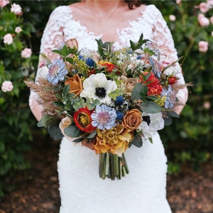 B65 Wedding Flower Bridal Bouquet Faux Silk Boho Dusty Blue Terra Cotta Rust Burnt Orange Thistles Pampas Anemones Scabiosa Peony