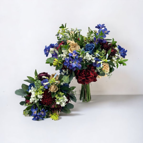 B201 Wedding Flower Bridal Bouquet Faux Boho Navy Blue Burgundy Dark Red Maroon Berries Moody Elopement Jewel Tone Taupe Toffee Delphinium