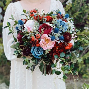 B64 Wedding Flower Bridal Bouquet Faux Silk Boho Dusty Blue Navy Mauve Blush Burgundy Twilight Teal Berries Thistles Pink Red Baby’s Breath