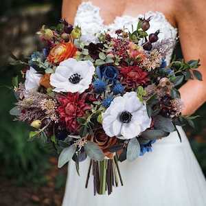 B232 Faux Wedding Flower Bridal Bouquet Boho Rust Burnt Orange Terra Cotta Taupe Dusty Blue Thistle Burgundy Red Moody Berries Anemone