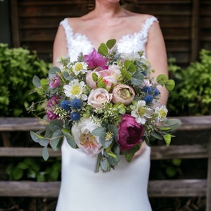 B35 Faux Eryngium Boho Ivory Fuchsia Pink Blush Flower Wedding Bridal Bouquet Farmhouse Rustic Peony Rose Romantic Dusty Blue Thistles