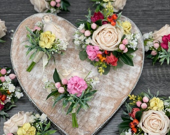 C1 Eucalyptus Flower Greenery Wedding Boutonniere Jewel Tone Corsage Baby’s Breath Navy Yellow Pink Fuchsia Orange Hypericum Berries Blush
