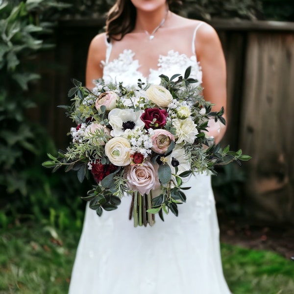 B1 Premium Faux Artificial Silk Boho White Pink Red Burgundy Flower Greenery Wedding Bridal featured Bouquet on Brides.com