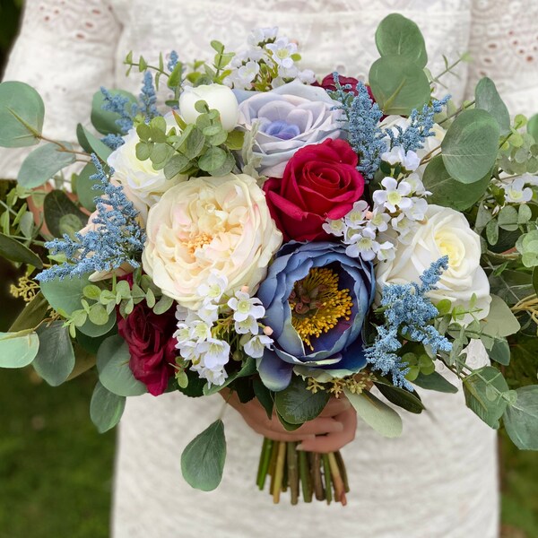 Faux Fake Artificial Silk Boho White Dusty Blue Red Burgundy Peony Rose Flower Greenery Wedding Bridal Bouquet