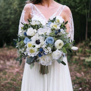 B70 Faux Silk Bridal Wedding Flower Bouquet Boho White Dusty Light Blue Rose Anemone Scabiosa Rustic Wild Wax Thistles Ivory Eucalyptus