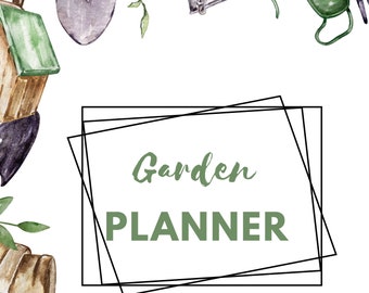 May include: Watercolor illustration of gardening tools and plants. The illustration features a ladder, shovel, watering can, rake, gardening gloves, potted plants, and a pair of boots. The text "Garden Planner" is written in green text within a black frame.
