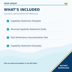May include: A digital document set from FBSM Group titled WHAT'S INCLUDED, listing a Capability Statement Template, Winning Capability Statement Guide, Past Performance Documentation Tool, and Capability Statement Examples with checkmark icons.