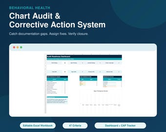 Behavioral Health Chart Audit Excel Workbook, Corrective Action Tracker (Digital Download)