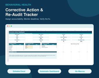 Behavioral Health Corrective Action Tracker Excel, CAPA Dashboard, Re-Audit Log, Mental Health Compliance Template