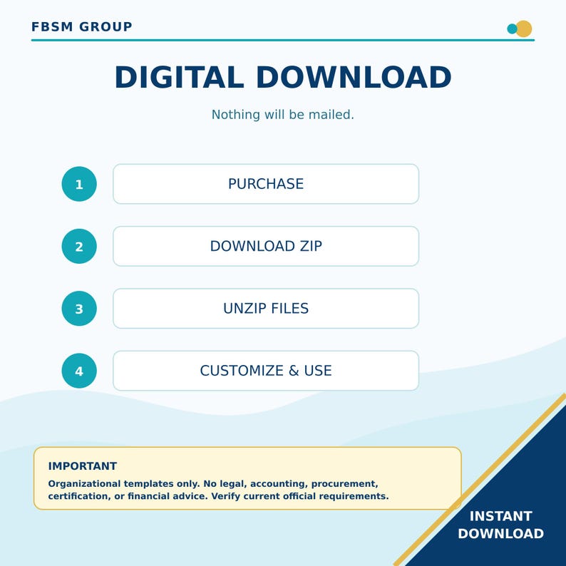 May include: An informational graphic titled DIGITAL DOWNLOAD by FBSM GROUP. It outlines four steps: 1 PURCHASE, 2 DOWNLOAD ZIP, 3 UNZIP FILES, 4 CUSTOMIZE & USE. A yellow box at the bottom contains important text regarding organizational templates.