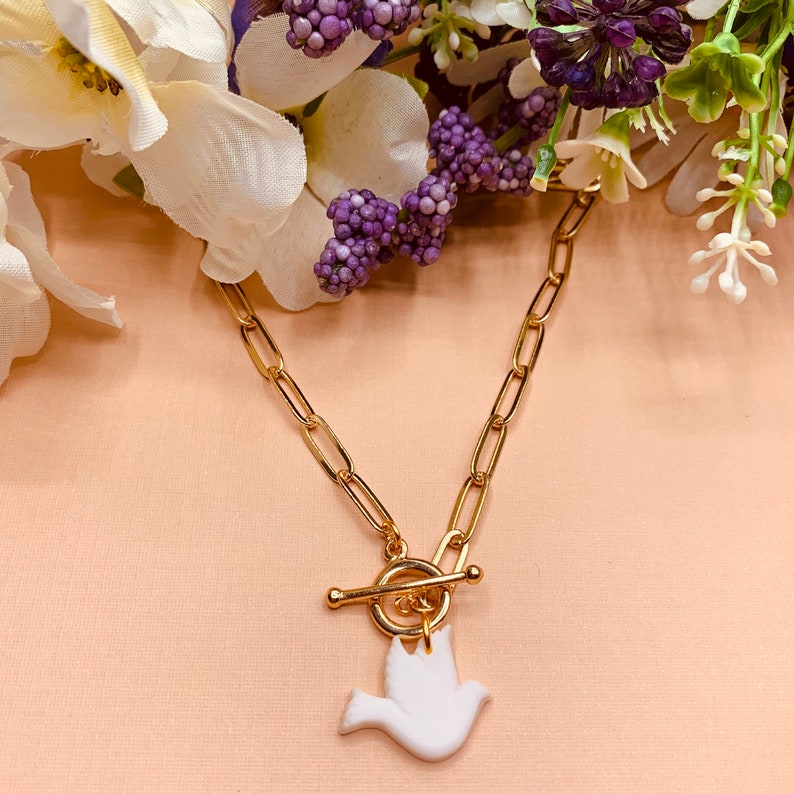 C2\u30fbDove Paperclip Choker\u30fbWhite Bird Dove Charm\u30fbToggle Clasp Pendant\u30fbLayering Necklace\u30fb14k Gold Plated Long Oval Rectangle Paper Clip Chain