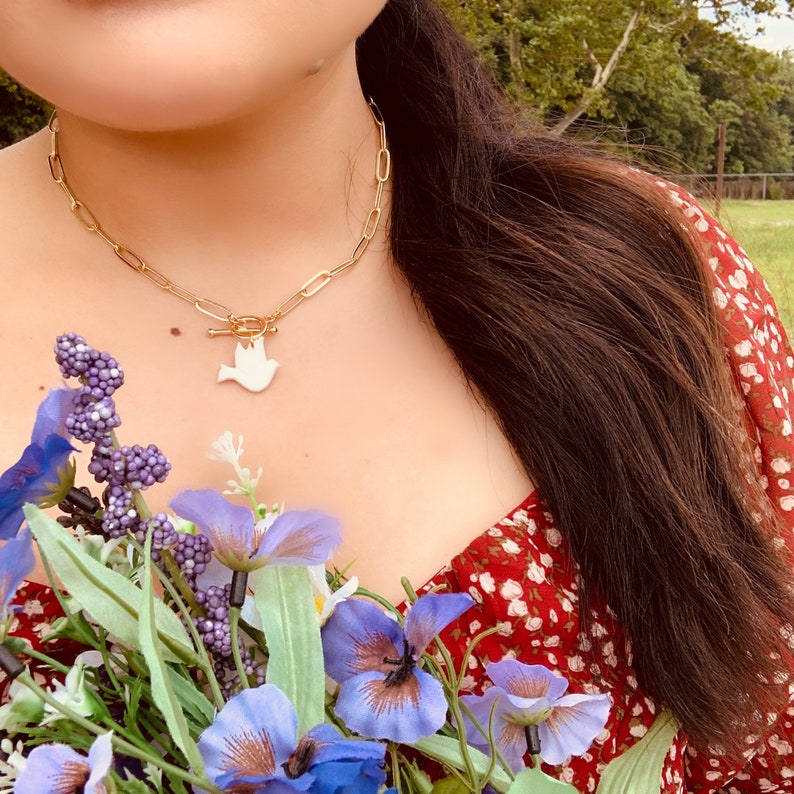 C2\u30fbDove Paperclip Choker\u30fbWhite Bird Dove Charm\u30fbToggle Clasp Pendant\u30fbLayering Necklace\u30fb14k Gold Plated Long Oval Rectangle Paper Clip Chain