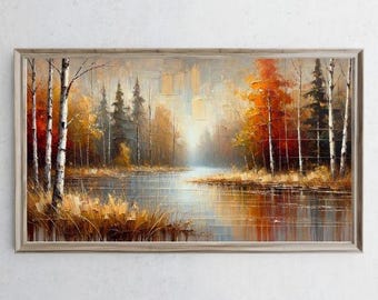 Pintura al óleo de paisaje otoñal para TV enmarcada: Decoración rústica (Descarga digital)