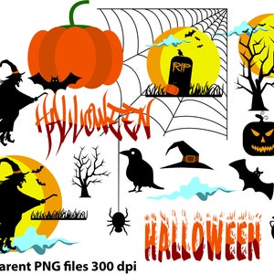 Halloween Clipart Set Witch Castle Moon Bat Spider web tree Cloud Crow Gravestone Bezem voor gratis commercieel gebruik voor print / digitaal