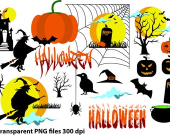 Halloween Clipart Set Witch Castle Moon Bat Spider web tree Cloud Crow Gravestone Broom for FREE  commercial use for print/digital