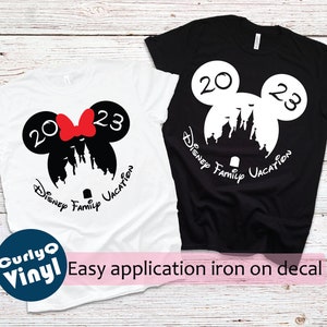 Mickey 2023, Minnie 2023, castle, iron on decal, Mickey, Minnie, Disney Family vacation, disneyland, Disney World, ready to press, diy, htv