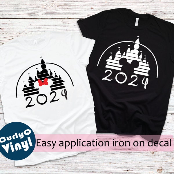 Disney Mickey or Minnie 2024 Castle Heat transfer vinyl decals, matching shirts, Disneyland, Disney World, htv, iron on, family shirts