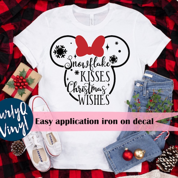 Iron on decal, Mickey, Minnie, Disney, snowflake kisses, Christmas wishes, disneyland, disney world, magic, holiday, santa, snow, diy