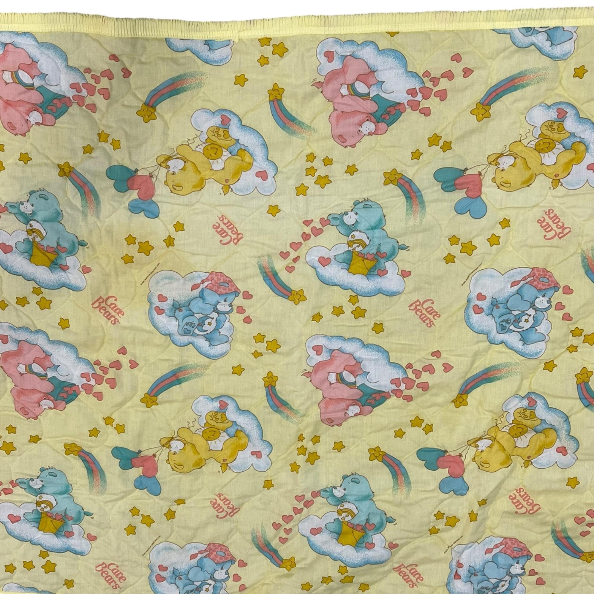 Vintage Care Bears 1980s Baby Blanket Quilted Yellow Blue Pink 42