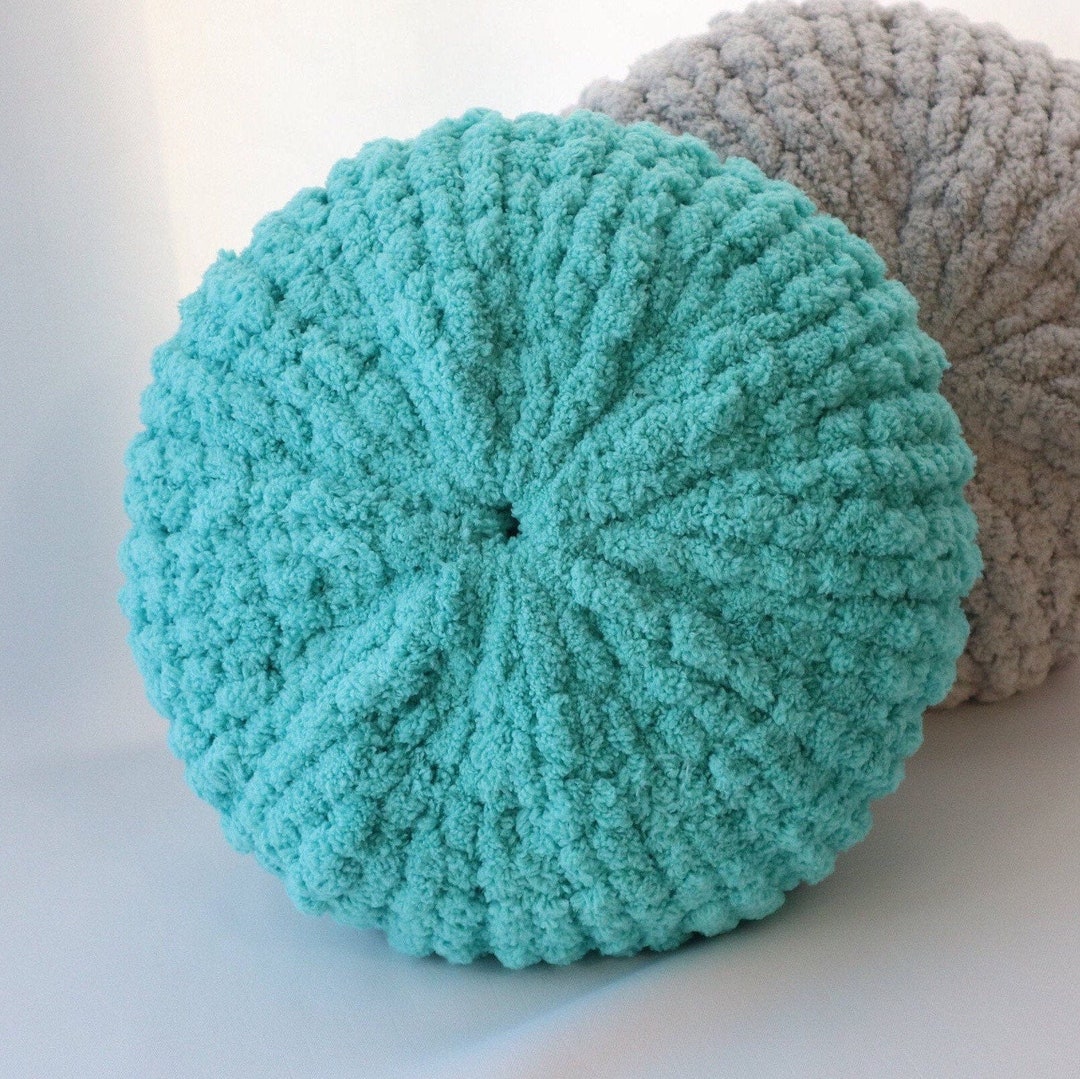 Chunky Knit Chenille Throw Pillow / Aqua Colored Round Pillow Etsy