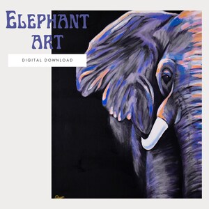 Elephant Whimsical Boho Painting - Digital Download (Royal Blue & Orange)