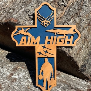 Air Force Wooden Wall Cross – Personalized Airman Gift – USAF Rustic Military Decor – Veteran Family Faith Cross