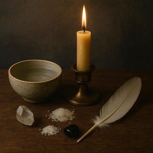 May include: A lit yellow candle in a brass candlestick, a ceramic bowl, a clear quartz crystal, salt, a black stone, and a white feather on a wooden surface. The scene is lit with warm light, creating a mystical ambiance.