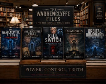 Peut inclure: Une collection de cinq livres intitulée The Wardenclyffe Files par Michelle Hoffmann, avec des couvertures sombres illustrées de tours électriques, de portraits et des titres A Trump Connection, Closing the Circuit, Kill Switch, Dominion et Orbital Domination.