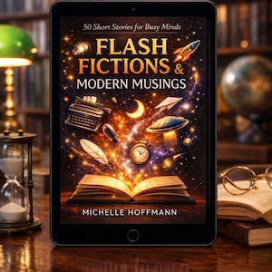 以下が含まれることがあります： タブレットには、Michelle Hoffmannの「Flash Fictions & Modern Musings」の表紙が表示されています。表紙は、ロケット、タイプライター、時計を使った宇宙をテーマにしたデザインです。背景には本棚、砂時計、地球儀があります。