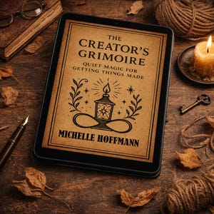 May include: A digital tablet displays the cover of "The Creator's Grimoire" by Michelle Hoffmann. The cover features a vintage design with a lantern illustration. A lit candle, key, and other items are arranged on a wooden surface.