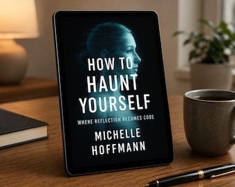 May include: A digital tablet displaying a book cover titled How to Haunt Yourself: Where Reflection Becomes Code by Michelle Hoffmann. The cover features a blue-toned, translucent silhouette of a person's profile against a dark background.