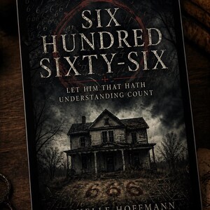 May include: A digital tablet shows the cover of "Six Hundred Sixty-Six" by Michelle Hoffmann. The book cover depicts a spooky house, the number 666, and the words "Let Him That Hath Understanding Count."