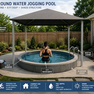 Peut inclure: Une piscine de jogging aquatique ronde et encastrée, avec une structure ombragée. La piscine mesure 3,05 mètres de diamètre et 2,44 mètres de profondeur, conçue pour l'exercice à faible impact. Comprend une échelle intégrée.