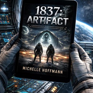 May include: A tablet displaying the book cover for "1837: Artifact" by Michelle Hoffmann. The cover art features two astronauts facing a mysterious structure on a planet, with a dark, space-themed background. The tablet is held in gloved hands.